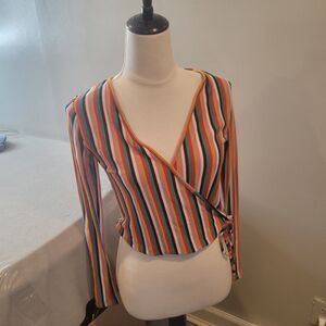 Caution To The Wind Womens Size Medium Multicolor Striped Faux Wrap Long Sleeve